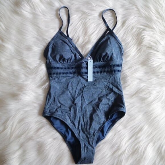 NEW Blue Shimmer Cut Out One Piece Bathing Suit Swimsuit Size Small - Picture 3 of 7